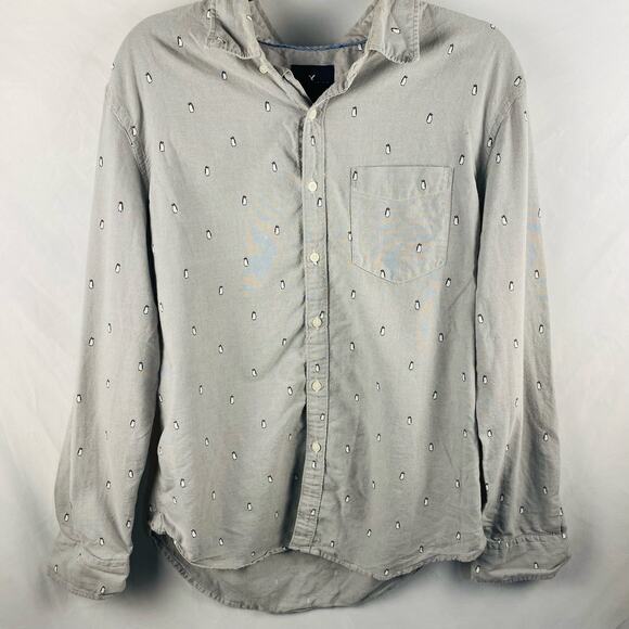 American Eagle Seriously Soft Gray Penguin Print Men's Button Front Size Large - Picture 1 of 8